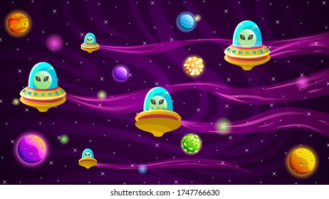 Aliens On Flying Saucers In Dark Space Planet Background Gradient Ufo