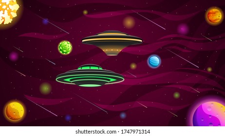 Aliens On Flying Saucers In Dark Space Planet Background Gradient Ufo