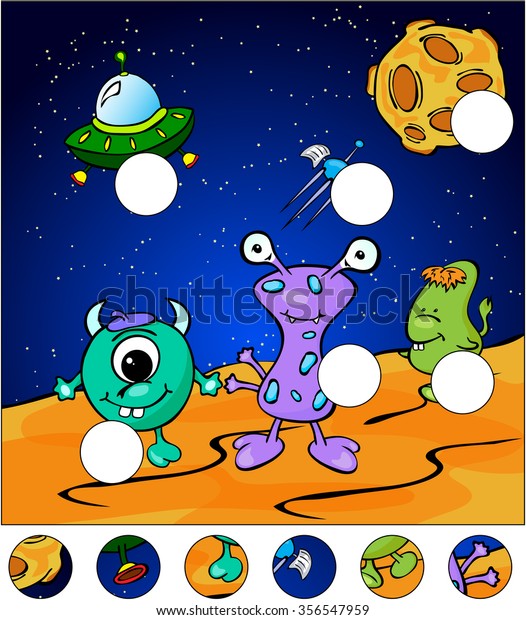 Aliens on the surface of Moon. complete the puzzle\
and find the missing parts of the picture. Vector illustration.\
Educational game for\
kids