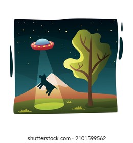 Aliens on ufo flying saucer abducting cow at night flat composition vector illustration