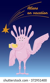 Aliens on vacation. Humanoid makes selfie