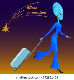 Aliens on vacation. Humanoid with a suitcase