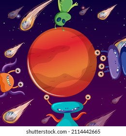 Aliens in outer space with Mars planet in cartoon style illustration