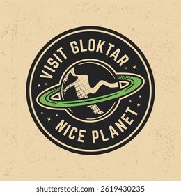 Aliens Planet logo. Retro planet emblem design. Vintage badge with fictional planet in halftone style. Perfect for t-shirt print, apparel, sticker design. Vector illustration.