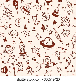 aliens, planets, stars, space cosmos characters seamless pattern