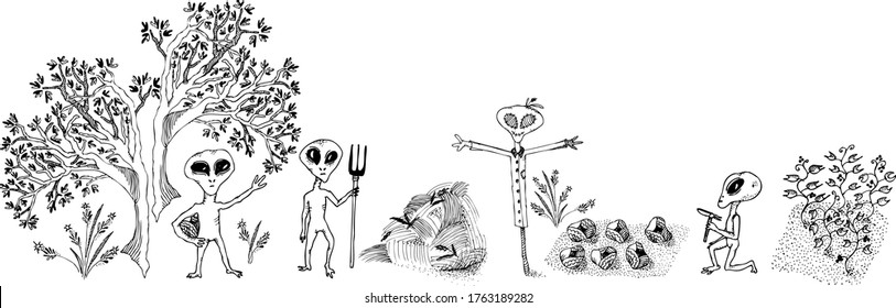 Aliens planting cabbage and tomatoes vector sketches