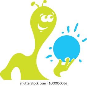 Aliens play bowling too. Funny alien with a bowling ball. Vector image for logo or illustration.
