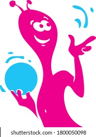 Aliens play bowling too. Funny alien with a bowling ball. Vector image for logo or illustration.