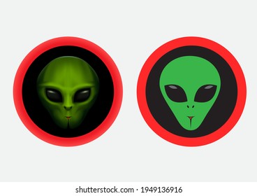 Aliens red round symbol stickers set on gray background. Warning sign with alien green face and black eyes