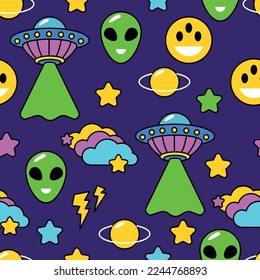 Aliens seamless pattern. Seamless cosmic pattern. Space background with planet, stars, galaxy, UFO