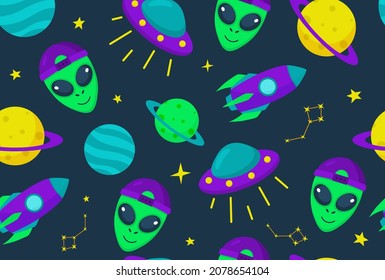 Patrón sin fisuras para los extranjeros. Cabezas de organismos extraterrestres, nuevas tecnologías. Imagen repetitiva para imprimir en tela. Dibujos para niños. Misticismo, fantasía. Dibujo vectorial plano de dibujos animados