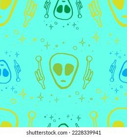 Aliens seamless pattern on blue
