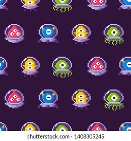 Aliens seamless pattern vector, galaxy invaders wearing protective costumes. Monsters with eyes and tentacles, pixel art gama space theme flat style