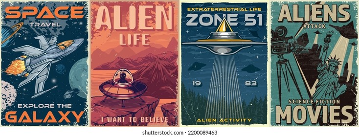 Aliens set colorful vintage posters with sci-fi space ship and UFO for space travel and exploration of universe vector illustration