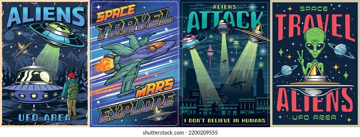 Aliens set colorful vintage posters UFO flying saucers for Martians on planet earth and in space fantastic style vector illustration