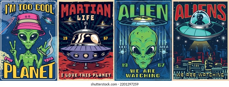 Aliens set flyers vintage colorful green Martians with flying saucers or UFO watching people from planet earth vector illustration