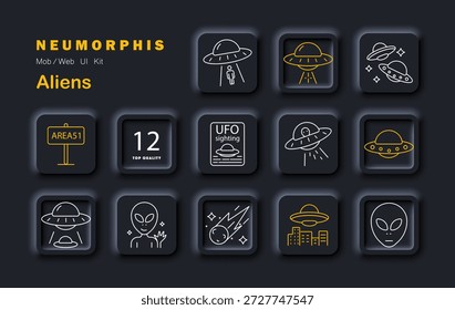 Icono de conjunto de extraterrestres. Incluye ovnis, rayos, secuestros, meteoros, naves espaciales, ciudades, rostros alienígenas, signo del Área 51, tablero de avistamientos, destellos cósmicos, insignia numérica