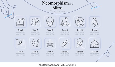 Aliens set icon. Observatory dome, galaxy swirl, alien head, wheeled rover, cratered moon, rocket ship, flagged alien, star cluster, flying saucer, shooting star, bust, multi-window dome. Soft frames.