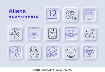 Icono de conjunto de extraterrestres. OVNI, alienígena, cara, nave espacial, meteoro, abducción, planeta, luz cósmica, explosión, avistamiento, ciudad, encuentro de ciencia ficción con seres no identificados, misterio, estrellas, cielo.
