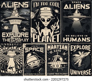 Aliens set monochrome flyers vintage with invitation to space travel with flying saucers and fictional monsters from universe vector illustration