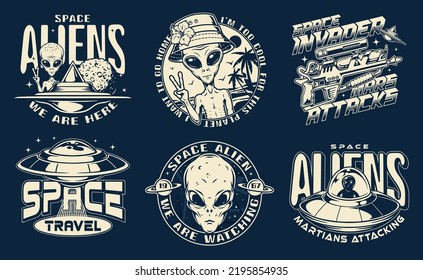 Aliens Set Monochrome Posters Vintage With Humanoids Flying On UFOs And Peaceful Martians Or Extraterrestrial Space Weapons Vector Illustration