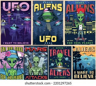 Aliens Set Posters Colorful Vintage Green Stock Vector (Royalty Free ...