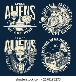 Aliens set posters monochrome vintage with humanoids from galaxy planets and mars walker for scientific space mission vector illustration