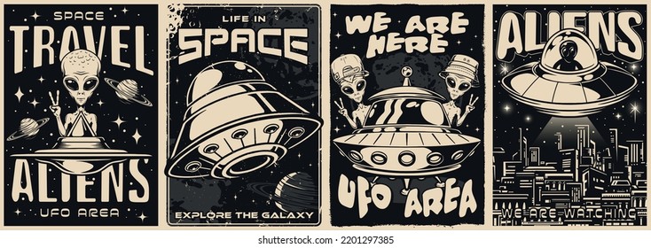 Aliens Set Posters Monochrome Vintage Space Travel And Exploration Of Galaxy On Bizarre Flying Saucers With Extraterrestrial Beings Vector Illustration