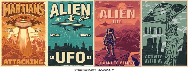 Aliens set vintage colorful flyers round flying saucers over cities and astronaut walking on mysterious planet with UFO vector illustration