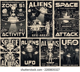 Aliens set vintage monochrome flyers with landing guests from galaxy who arrived on UFO flying saucers to earth vector illustration