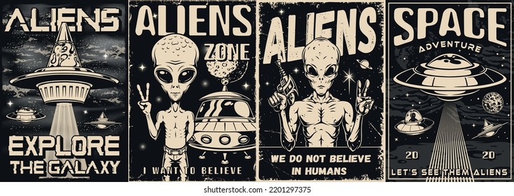 Aliens Set Vintage Monochrome Posters Round Stock Vector (Royalty Free ...