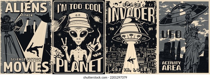 Aliens set vintage monochrome posters sci-fi spaceships and humanoid with cigarette near with UFO abduct people by laser vector illustration