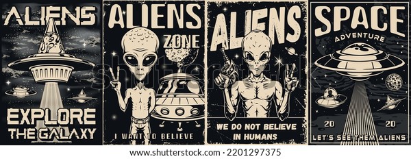 Aliens Set Vintage Monochrome Posters Round Stock Vector (Royalty Free ...