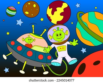 Aliens in space, space background. Children color vector.