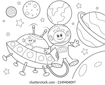 Aliens in space  space background  Children coloring book 
