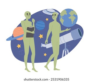 Aliens in space. Green aliens near ufo and telescope. Galaxy and universe, space and cosmos. Planets and stars. Fantasy and imagination. Flat vector illustration isolated on white background