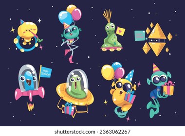 Aliens space party. Alien monster kid characters in extraterrestrial spaceship, cute ufo cool little silly crazy creatures child birthday on outer spaces vector illustration of alien cartoon creature