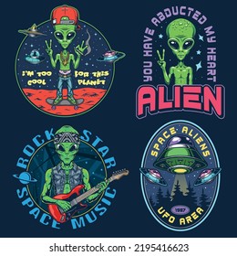 Aliens space set flyers colorful vintage with peace-loving representatives planet mars and humanoid rocker playing music on guitar vector illustration