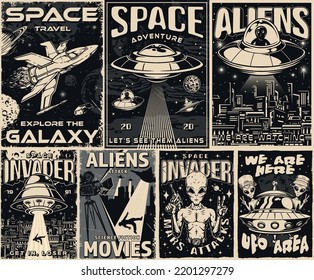 Aliens space set monochrome flyers vintage with UFO and invitation to fantastic film about extraterrestrial monsters in universe vector illustration