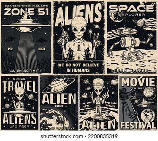 Aliens space set monochrome vintage flyers with UFO saucers and Martians secretly flying over planet earth or galaxy vector illustration