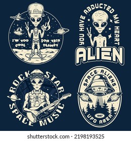 Aliens Space Set Vintage-monochrome Plakate mit humanen Martianern und Rockmusiker, die aus der Galaxie flogen auf UFO Vektorgrafik