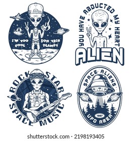 Aliens space set vintage posters monochrome humanoid rides skateboard and smokes cigarette with friendly inscriptions or flying saucers vector illustration