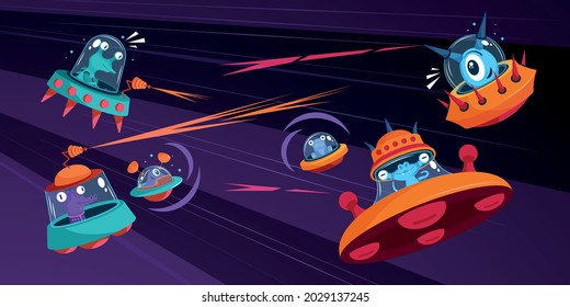 Composición de buques espaciales de extranjeros con personajes de dibujos animados de monstruos espaciales disparando con láser sobre naves espaciales ufo ilustración vectorial