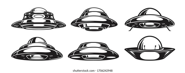 Aliens spacecraft set. Ufo spaceship collection. Vector illustration 