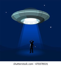 Aliens spaceship abducts the man under cloud of night, colorful flat vector illustration