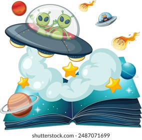 Aliens in a spaceship above an open book