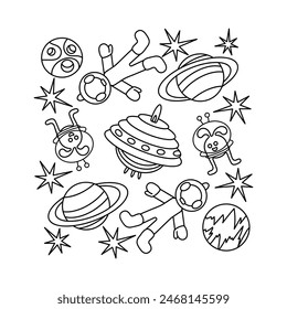 Aliens spaceship coloring pages for kids. Space flight vector illustration