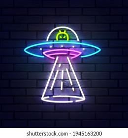 Aliens spaceship neon sign isolated, bright signboard. UFO logo neon, emblem. Vector illustration