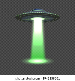 Aliens spaceship. UFO lights, 3d space object. Flying plate ship with rays, isolated fantasy invasion vector element