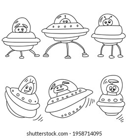 Aliens and spaceships outline set, coloring page with positive extraterrestrial characters vector illustration